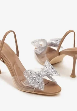 Beżowe Sandały Vices na Szpilce Ozdobione Cyrkoniową Kokardą Fenessa
