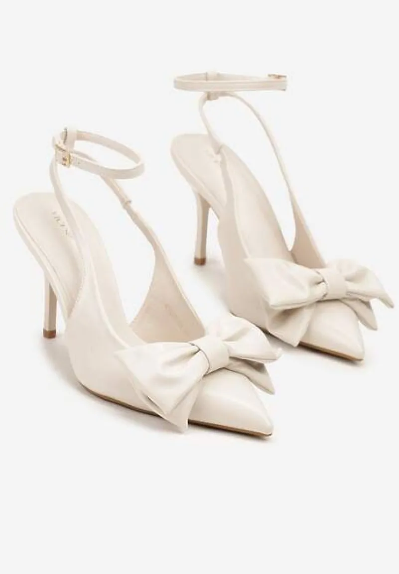 Beżowe Sandały Vices na Szpilce Slingback Ozdobione Kokardą Tilvanea