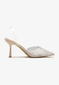 Beżowe Sandały Vices na Szpilce Slingback ze Skórzaną Wkładką i Cyrkoniami Ovifa