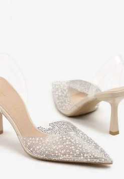 Beżowe Sandały Vices na Szpilce Slingback ze Skórzaną Wkładką i Cyrkoniami Ovifa