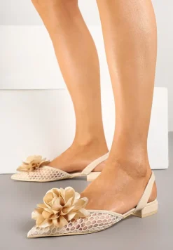 Beżowe Sandały Vices Slingback z Siateczkową Cholewką Ozdobione Kwiatem 3D Lilivora