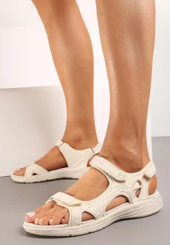 Beżowe Sandały w Sportowym Stylu ze Skórzaną Wkładką Acakaia