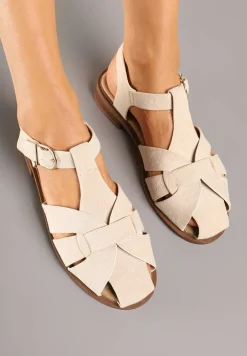 Beżowe Sandały w Stylu Gladiatorek z Imitacji Zamszu Kolinella