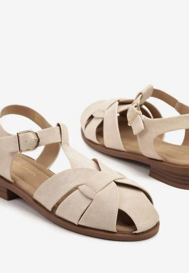 Beżowe Sandały w Stylu Gladiatorek z Imitacji Zamszu Kolinella