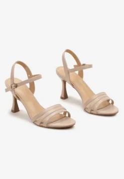 Beżowe Sandały z Ekoskóry na Szpilce Zapinane na Sprzączkę Ploemis