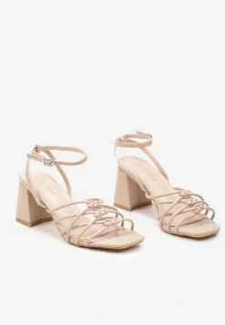 Beżowe Sandały z Imitacji Skóry na Słupku z Cienkimi Paskami i Wiązaniem Aislara