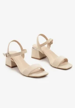 Beżowe Sandały z Wyściółką z Ekoskóry na Słupku z Zapięciem na Sprzączkę Maloella