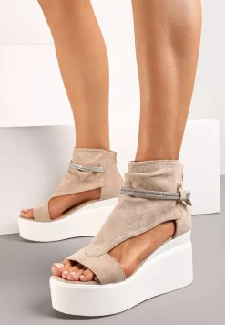 Beżowe Sandały za Kostkę na Platformie z Koturnem Ozdobione Cyrkoniami Gavrela