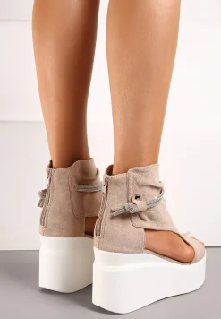 Beżowe Sandały za Kostkę na Platformie z Koturnem Ozdobione Cyrkoniami Gavrela