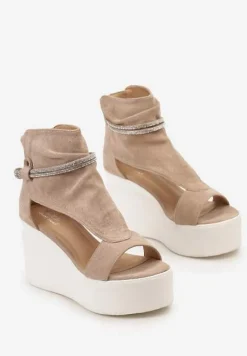 Beżowe Sandały za Kostkę na Platformie z Koturnem Ozdobione Cyrkoniami Gavrela