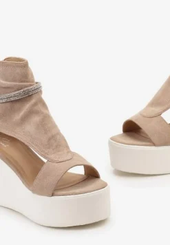 Beżowe Sandały za Kostkę na Platformie z Koturnem Ozdobione Cyrkoniami Gavrela