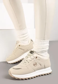 Beżowe Sneakersy na Płaskiej Podeszwie z Metaliczną Ozdobą i Ociepleniem Solirra