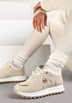 Beżowe Sneakersy na Płaskiej Podeszwie z Metaliczną Ozdobą i Ociepleniem Solirra