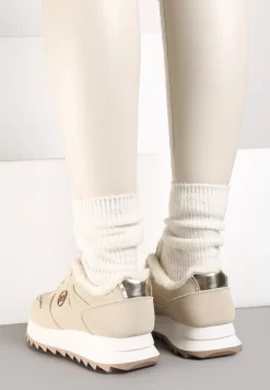 Beżowe Sneakersy na Płaskiej Podeszwie z Metaliczną Ozdobą i Ociepleniem Solirra