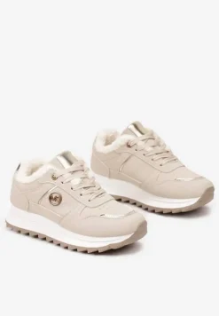 Beżowe Sneakersy na Płaskiej Podeszwie z Metaliczną Ozdobą i Ociepleniem Solirra