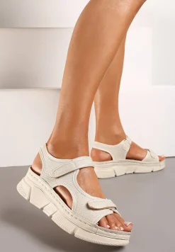 Beżowe Sportowe Sandały na Koturnie z Tłoczeniem z Paskami na Rzep Piovana