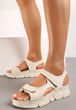 Beżowe Sportowe Sandały na Koturnie z Tłoczeniem z Paskami na Rzep Piovana