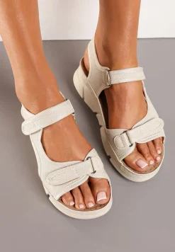 Beżowe Sportowe Sandały na Koturnie z Tłoczeniem z Paskami na Rzep Piovana