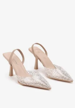 Beżowe Szpilki z Odkrytą Piętą Transparentną Cholewką I Cyrkoniami Arstaria