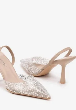 Beżowe Szpilki z Odkrytą Piętą Transparentną Cholewką I Cyrkoniami Arstaria