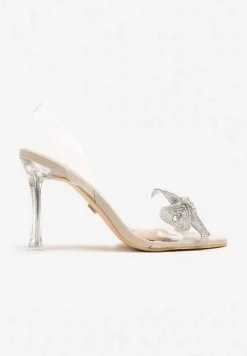 Beżowe Transparentne Sandały na Szpilce Vices Ozdobione Kokardą z Cyrkonii Bolhiris