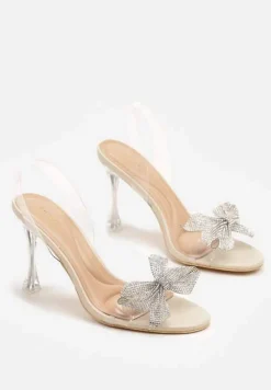 Beżowe Transparentne Sandały na Szpilce Vices Ozdobione Kokardą z Cyrkonii Bolhiris