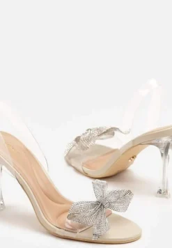 Beżowe Transparentne Sandały na Szpilce Vices Ozdobione Kokardą z Cyrkonii Bolhiris