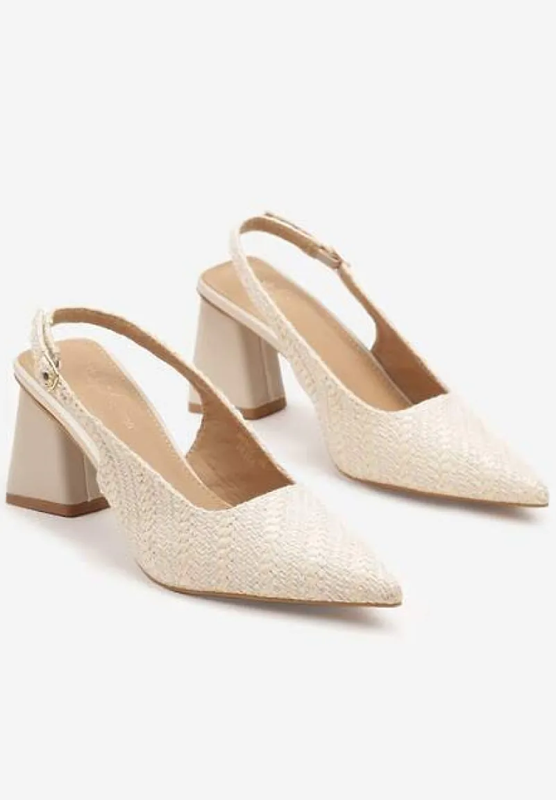 Beżowe Tweedowe Sandały Slingback na Słupkowym Obcasie Taslia