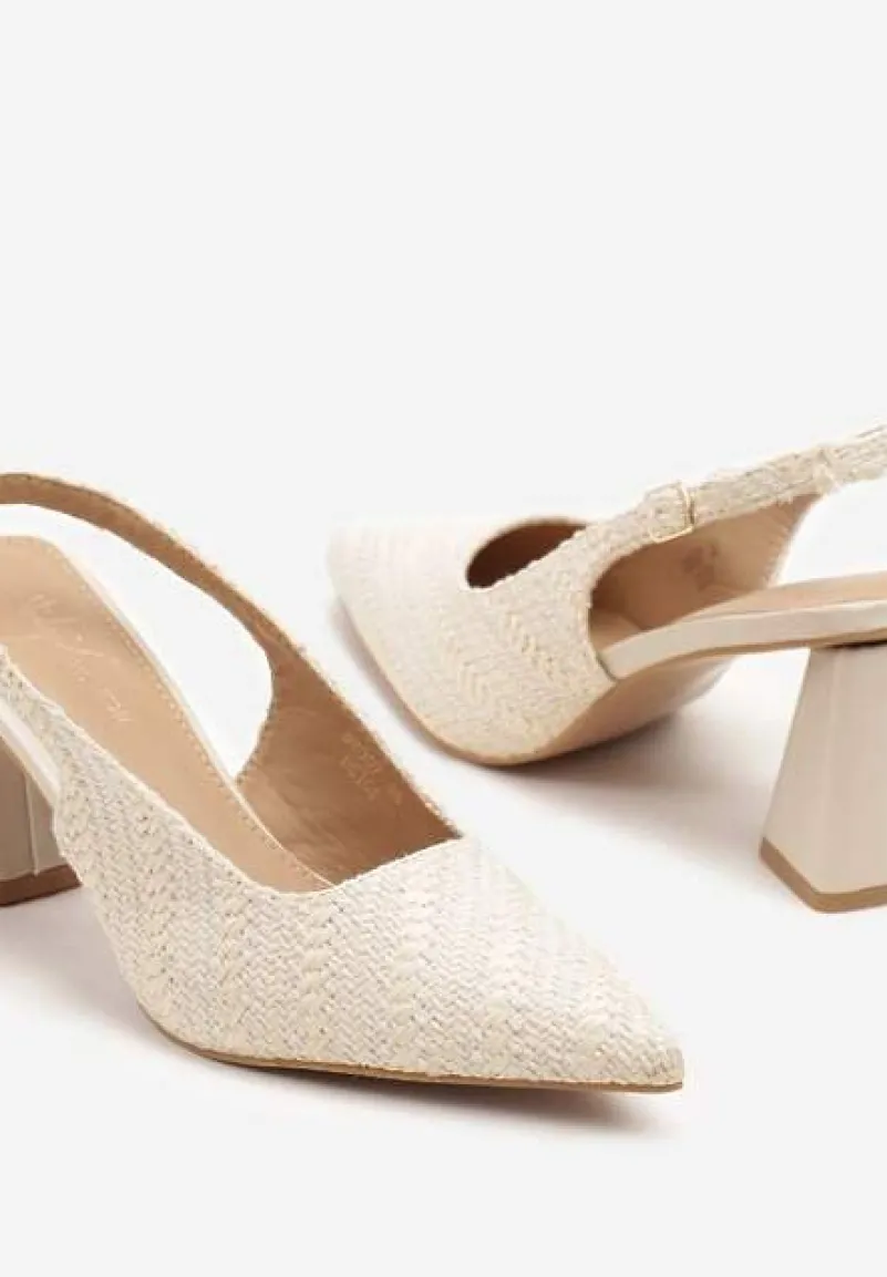 Beżowe Tweedowe Sandały Slingback na Słupkowym Obcasie Taslia