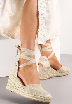 Beżowe Wiązane Sandały Espadryle na Wysokim Koturnie z Plecionką Perselia