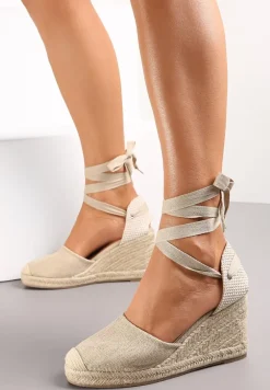 Beżowe Wiązane Sandały Espadryle na Wysokim Koturnie z Plecionką Perselia