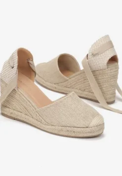 Beżowe Wiązane Sandały Espadryle na Wysokim Koturnie z Plecionką Perselia