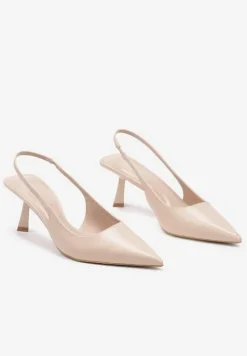 Beżowe Wsuwane Sandały Sling-Back na Kaczuszce ze Szpiczastym Noskiem Oxena