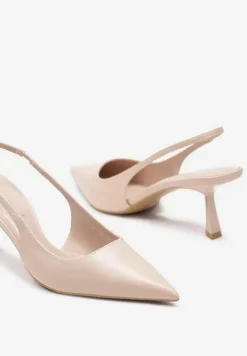 Beżowe Wsuwane Sandały Sling-Back na Kaczuszce ze Szpiczastym Noskiem Oxena