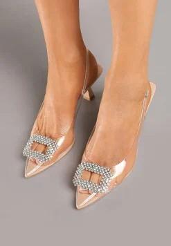 Beżowo-Białe Przezroczyste Sandały na Kaczuszce Ozdobione Cyrkoniami Nalavithe