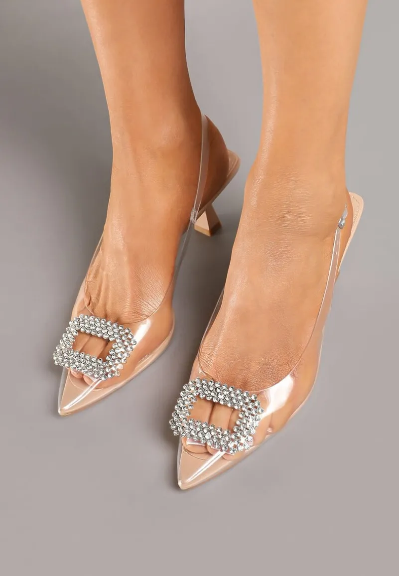Beżowo-Białe Przezroczyste Sandały na Kaczuszce Ozdobione Cyrkoniami Nalavithe