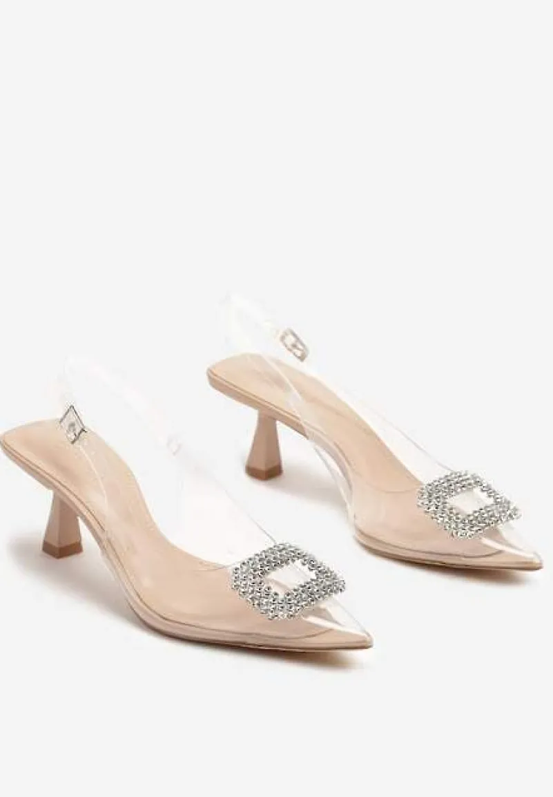 Beżowo-Białe Przezroczyste Sandały na Kaczuszce Ozdobione Cyrkoniami Nalavithe