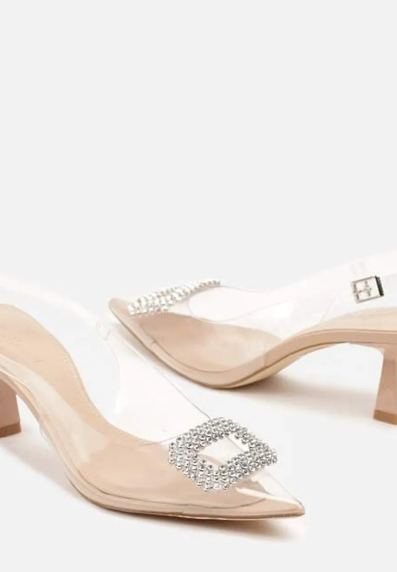 Beżowo-Białe Przezroczyste Sandały na Kaczuszce Ozdobione Cyrkoniami Nalavithe