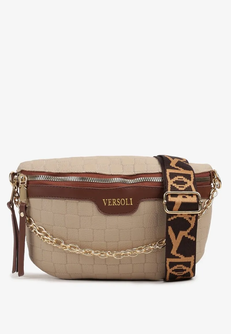 Beżowo-Brązowa Nerka z Ozdobnym Napisem Tłoczeniem i Łańcuszkiem Lioquella