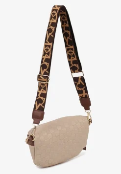 Beżowo-Brązowa Nerka z Ozdobnym Napisem Tłoczeniem i Łańcuszkiem Lioquella