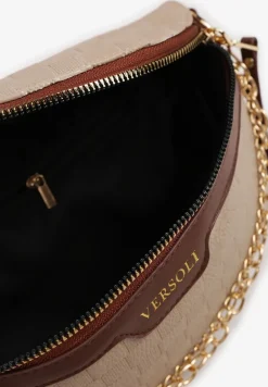 Beżowo-Brązowa Nerka z Ozdobnym Napisem Tłoczeniem i Łańcuszkiem Lioquella