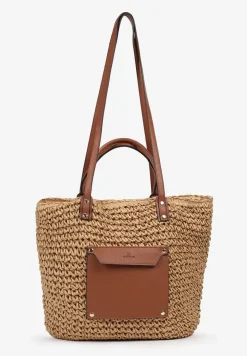 Beżowo-Brązowa Torebka z Plecionki z Dodatkową Kieszonką z Ekoskóry Cosina