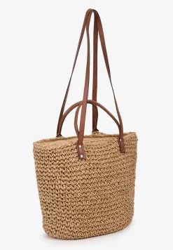Beżowo-Brązowa Torebka z Plecionki z Dodatkową Kieszonką z Ekoskóry Cosina