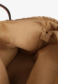 Beżowo-Brązowa Torebka z Plecionki z Dodatkową Kieszonką z Ekoskóry Cosina