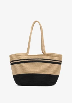 Beżowo-Czarna Bawełniana Torebka Shopperka w Plażowym Stylu Gevania
