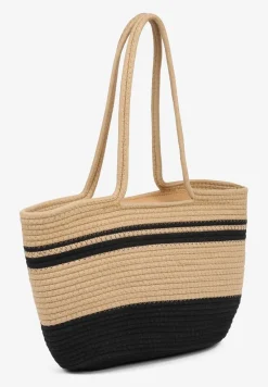 Beżowo-Czarna Bawełniana Torebka Shopperka w Plażowym Stylu Gevania