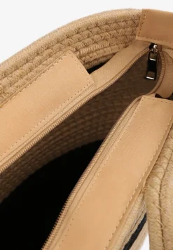 Beżowo-Czarna Bawełniana Torebka Shopperka w Plażowym Stylu Gevania