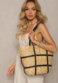 Beżowo-Czarna Duża Torebka z Czarnymi Paskami z Plecionki z Ozdobnymi Paskami Zapinana na Zamek Błyskawiczny Jabrina