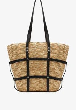 Beżowo-Czarna Duża Torebka z Czarnymi Paskami z Plecionki z Ozdobnymi Paskami Zapinana na Zamek Błyskawiczny Jabrina