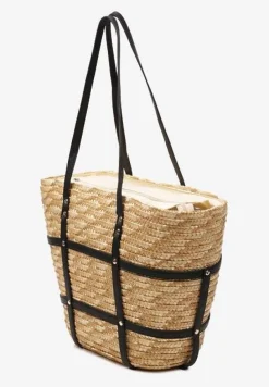 Beżowo-Czarna Duża Torebka z Czarnymi Paskami z Plecionki z Ozdobnymi Paskami Zapinana na Zamek Błyskawiczny Jabrina